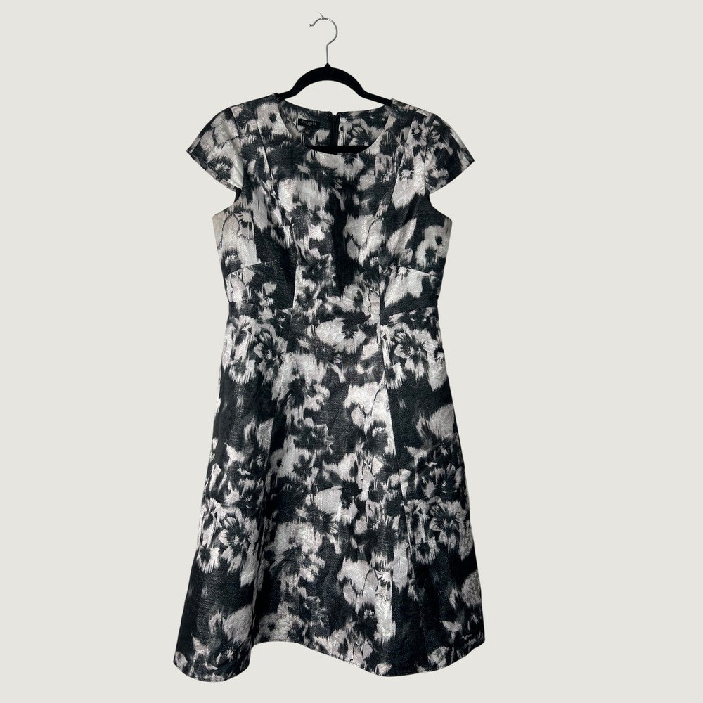 Talbots Fit & Flare Dress Women 8P Black Silver Floral Metallic Jacquard Holiday